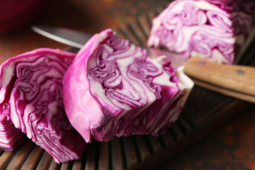 Sliced red cabbage on board, closeup