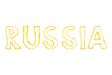 The word RUSSIA made with pieces of fried French fries isolate on a white background