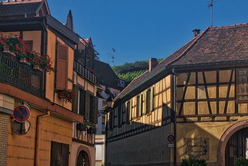 miasteczko alzackie Ribeauville z widokiem na winnice - obrazy, fototapety, plakaty