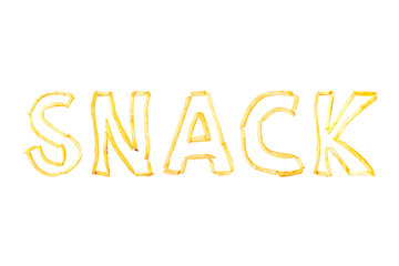 The word SNACK made with pieces of fried French fries isolate on a white background