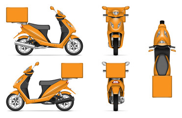 Delivery scooter vector mockup on white for vehicle branding, corporate identity. View from side, front, back, and top. All elements in the groups on separate layers for easy editing and recolor