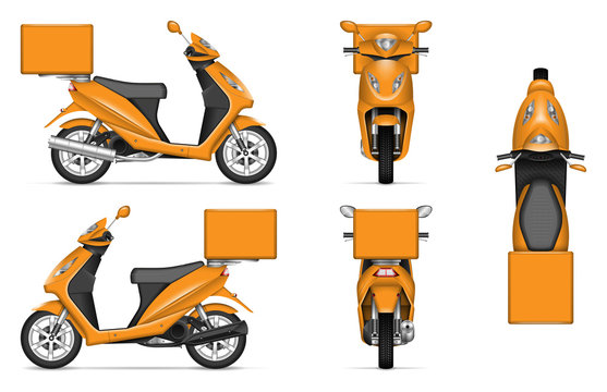 Fototapeta Delivery scooter vector mockup on white for vehicle branding, corporate identity. View from side, front, back, and top. All elements in the groups on separate layers for easy editing and recolor