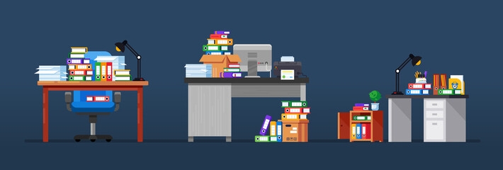 Interior of office workplaces, with tables, working equipment, mountain documents.