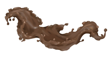 Splash chocolate melted milky wave. Sweet dessert delicious, realistic design 3D element, isolated on white background.