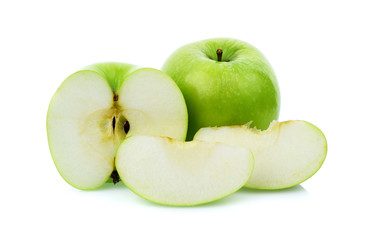 Ripe green apple and slice isolated on white background