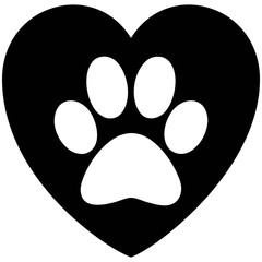 Black and White Paw Print Heart - A vector cartoon illustration of a Paw Print on a Heart.