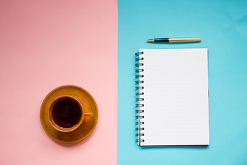 minimalist Flat lay, pastel colors, Cup, notebook, pen, copy space