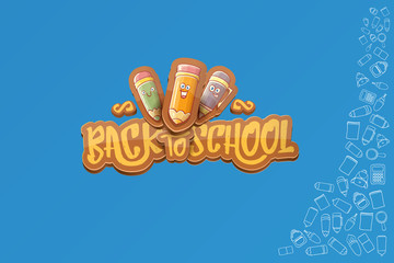 Back to school vector horizntal background template or banner with funny cartoon supplies like pencil ,book, bag, eraser and space for text. Vector back to school label