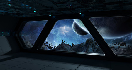 Fototapeta premium Spaceship futuristic interior with view on exoplanet