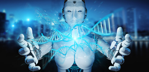 White woman cyborg scanning human DNA 3D rendering