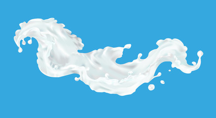 Milk splash vector realistic 3D. Clipart for design food packaging. Natural, dairy product, farm, useful. Kefir, yoghurt, dessert.