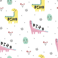 6029147 Abstract childish pattern with dino, dinosaur. Nursery pattern. Kid illustration.