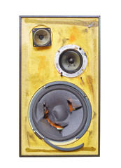 Grungy vintage speaker,heavy damaged with blown speaker, isolated on white background © Thomas Bethge