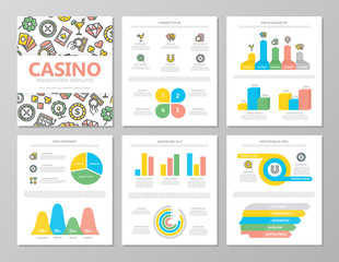 Set of colored gambling and casino elements for multipurpose a4 presentation template slides with graphs and charts. Leaflet, corporate report, marketing, advertising, book cover design.