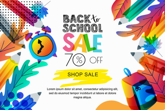 Vector back to school sale banner, poster background. Color leaves, pencils, clock, backpack on white background.
