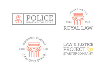 Set of retro vintage officer, handcuffs, column logo or insignia, emblems, labels and badges and other branding objects. Vector line style