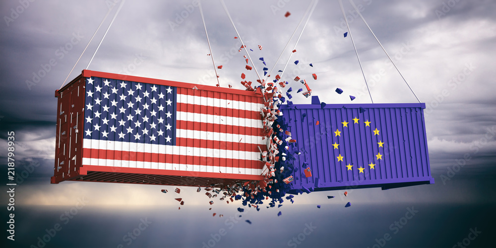 Poster us of america and european union flags crashed containers on blue cloudy sky background. 3d illustra