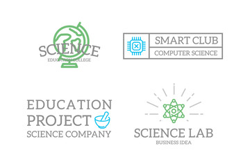 Set of retro vintage chip, atom, tube, molecule, lab, space logo or insignia, emblems, labels and badges and other branding objects. Vector line style