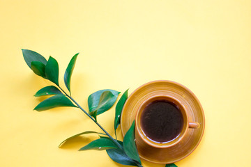 minimalist Flat lay, yellow background, Cup of coffee, green branch