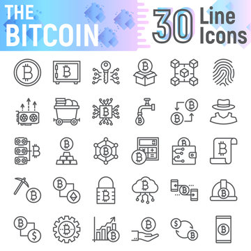 Bitcoin line icon set, cryptocurrency symbols collection, vector sketches, logo illustrations, finance signs linear pictograms package isolated on white background, eps 10.