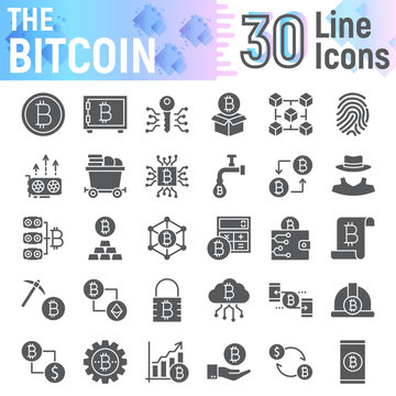 Bitcoin glyph icon set, cryptocurrency symbols collection, vector sketches, logo illustrations, finance signs solid pictograms package isolated on white background, eps 10.