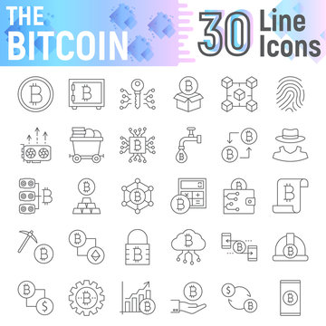 Bitcoin thin line icon set, cryptocurrency symbols collection, vector sketches, logo illustrations, finance signs linear pictograms package isolated on white background, eps 10.