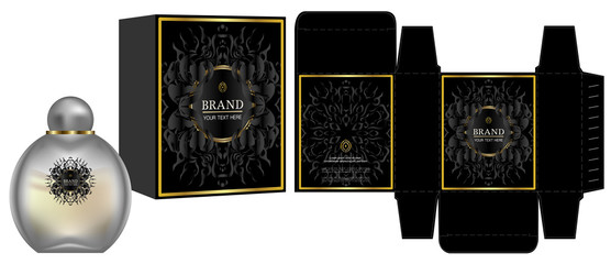 Packaging design, Label on cosmetic container with black luxury box template and mockup box. vector illustration.
