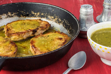 Pork chops in salsa verde.