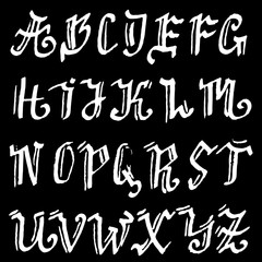 Hand drawn modern dry brush lettering. Gothic style alphabet. Grunge handwritten font. Vector illustration.