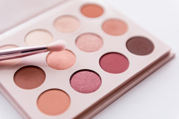 soft focus of pink tone eye shadow palette with pink brush - obrazy, fototapety, plakaty