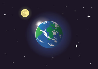 View from a spaceship on a solar eclipse against the earth and the moon in the space