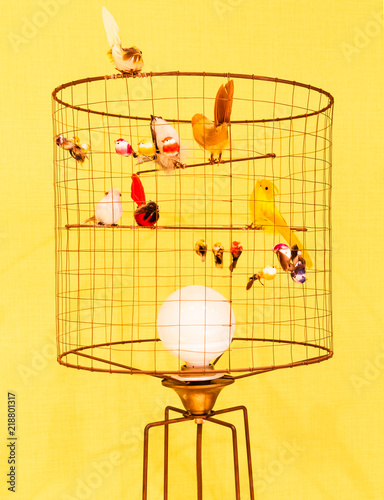 Vintage Birdcage Floor Lamp On Yellow Background Stock