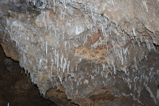 08-10-2018 Herault France. Stalactite and stalagmite inside Clamouse cave, in Saint Guilhem le desert in France.