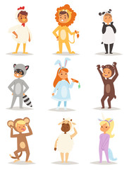 Children kids animal costumes vector characters Christmas party wearing fancy dress masquerade kids holiday illustration.