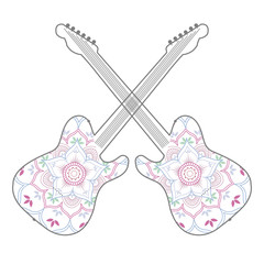 Guitars and ethnic floral mandala in soft pastel colors