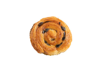 Raisin danish pastry on the yellow wood and blue gingham check cloth isolated on white.