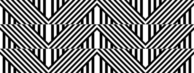Seamless pattern with striped black white straight lines and diagonal inclined lines (zigzag, chevron). Optical illusion effect, op art. Vector vibrant decorative background, texture.