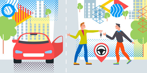 Car business sharing service concept, car rental illustration. Man gives car key to driver. Modern flat style design. Abstract urban background. Map pointer sign steering wheel - 218803114