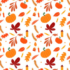 Seamless autumn pattern. Halloween pattern background. Doodle hand drawn design. Vector illustration.