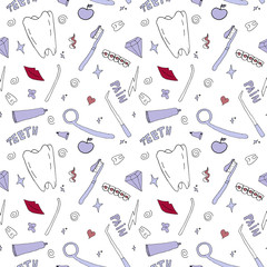 Seamless Pattern on the topic of dentistry. Vector illustration. Teeth care. Doodle style. Pastel colors.