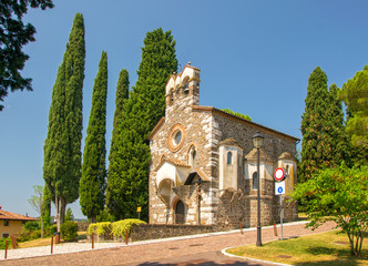 Scenic view of small church of Santo Spirito on the castle in Gorizia. Friuli Venezia Giulia, Italy - obrazy, fototapety, plakaty