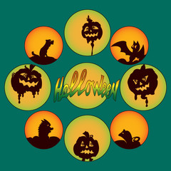 Eight silhouette icons and an inscription on the theme of Halloween.