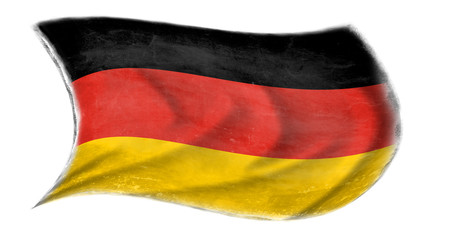 The flag of Germany waving from the wind, proudly fluttering in the wind  with traces of use in battle and destruction from difficult warfare 