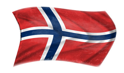 The flag of Norway waving from the wind, proudly fluttering in the wind  with traces of use in battle and destruction from difficult warfare 