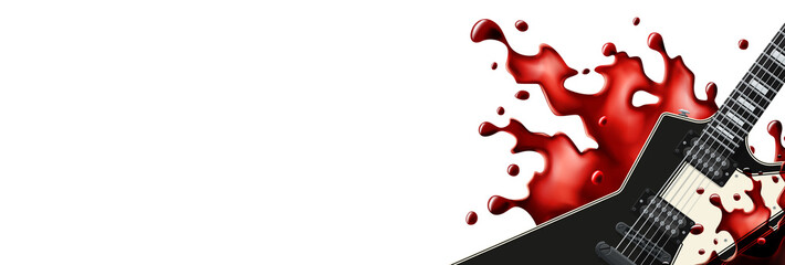 Black metal guitar with a blood splash banner template with white background.