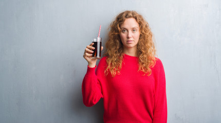 Young redhead woman over grey grunge wall drinking soda refreshment with a confident expression on smart face thinking serious