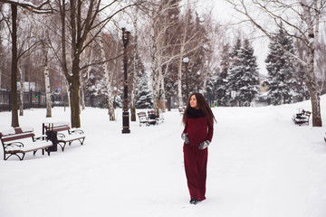 Fototapeta na wymiar A beautiful outdoor pregnant woman portrait in snowy nature
