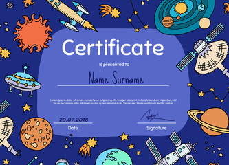 Vector diploma or certificate for children with hand drawn space elements illustration