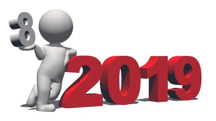 Year change to 2019 with 3D people - isolated on white background - 3D rendering