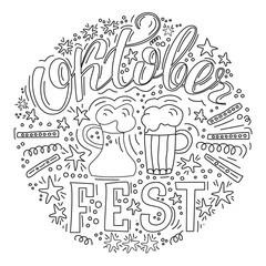 Hand drawn, doodle set with Hand lettered phrase OktoberFest. Sketch icons for invitation, flyer, poster, t-shirt design or blog. Isolated on white background